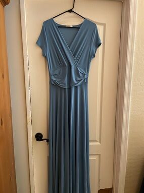 Sage Blue V-Neck Maxi Dress with Draped Wrap Bodice